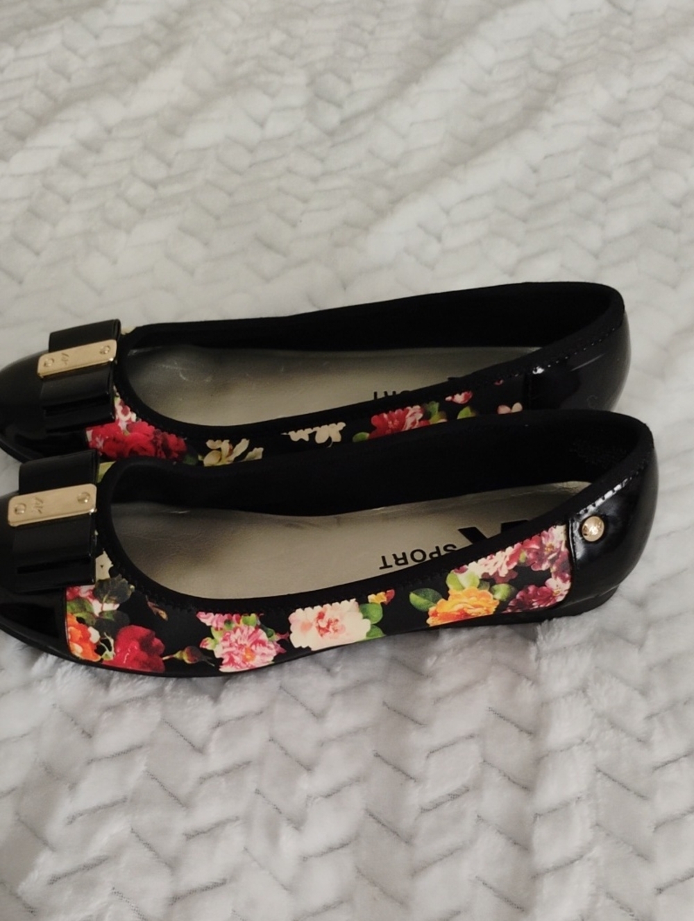 Anne Klein Sport Black Floral Patent Ballet Flats with Bow